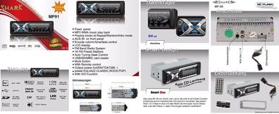 Autoradio SHARK MP91 Reflex Design FM-Radio MP3 USB SD ID3 4x45W mit FB. NEU & in OVP