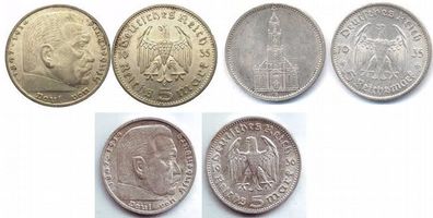5 Reichsmark: 1935 A D J "Paul von Hindenburg", 1935 A Kirche, 1936 A D F "Hindenburg