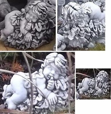 Steinfigur Engel Baby schlafende-liegende auf Blätter 13 kg Handarbeit Frostfest. NEU