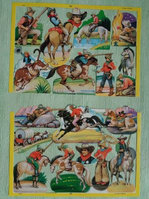 Mamelok England Scraps Chromos Glanzbilderbogen MLP 1597 1598 Cowboy Wilder Westen