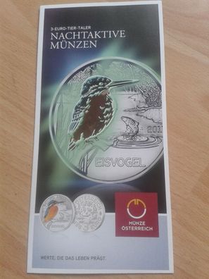 Folder für Original 3 euro 2017 Österreich Eisvogel - Münze leuchtet im Dunkeln