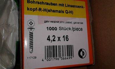 1000 Stk Senk Bohrschrauben mit Blechschraubengewinde und Bohrspitze 4,2x16