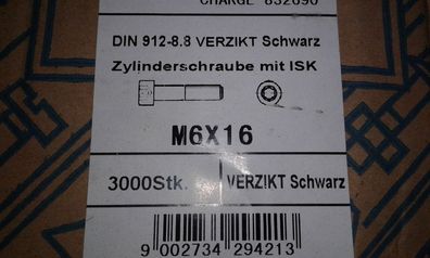500 Stk DIN 912 Zylinderschrauben mit Innensechskant M 6 x 16 8.8 Verz.
