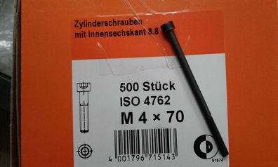 50 Stk DIN 912 Zylinderschrauben mit Innensechskant M 4 x 70 8.8
