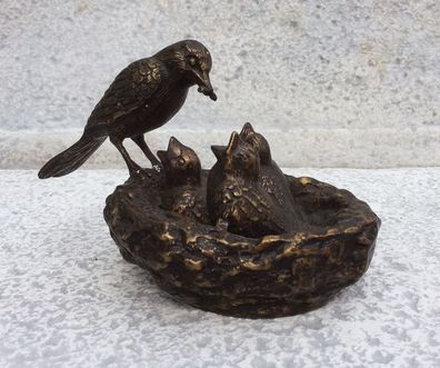 Bronze Skulptur Vogelnest Vogel Mutter mit Kleinen 13x21cm Bronze Figur Vögel
