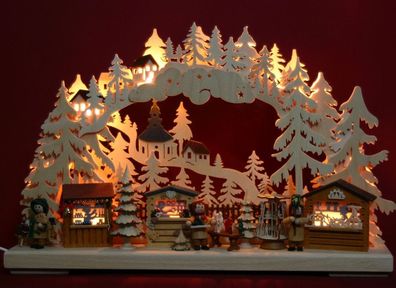 3D-Schwibbogen LED Weihnachtsmarkt in Seiffen mit Pyramide 43x30cm Erzgebirge