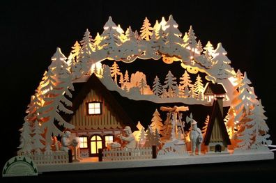 LED 3D-Schwibbogen 72x43 Pyramide + Räucherhaus Erzgebirge Weihnachten Holz