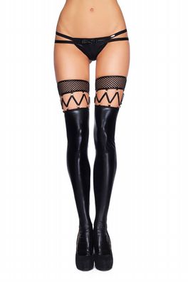 Lack Wetlook Stockings Schwarz Strümpfe mit Netz Strapse Leg Fashion Gr S/ M L/ XL