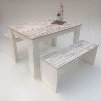 Esstischgruppe: Tisch + 2 Bänke 110x70 cm. Canyon White Pine / Weiß Made in Germany