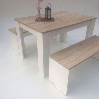 Esstischgruppe: Tisch + 2x Bänke 110x70 cm. Sonoma / Weiß Made in Germany