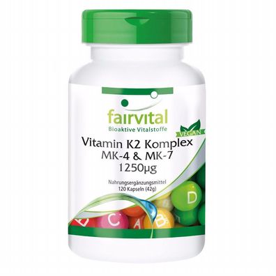 Vitamin K2 Komplex MK-4 & MK-7 1250µg - 120 Kapseln, hochdosiert - fairvital