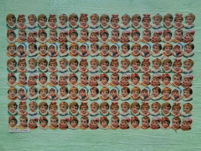 sehr alter Bogen Glanzbild Oblaten Mini-Köpfe Kinder Babys 4471 Germany ca 15x24,5 cm