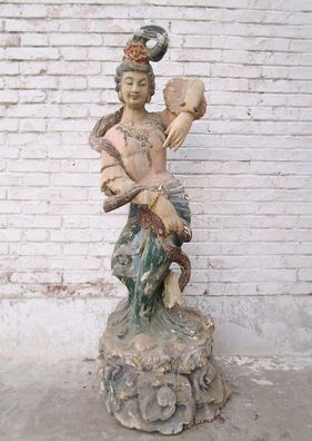 China 1940 Taenzerin Goettin praechtig bemalte Skulptur Holz antik