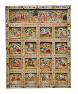 India geschnitztes Wandbild Kassetten Panel in zarten Farben Gottheite