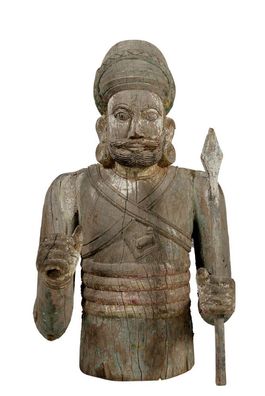 Indien Krieger Statue geschnitzte Halbfigur Skulptur holzfarbig Rajast