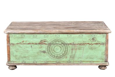 South India um 1930 grosse verzierte Aussteuer Truhe Box tuerkisblaue