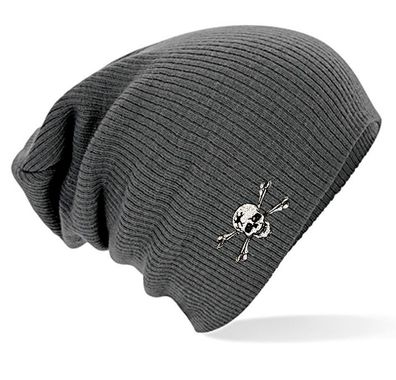 Longbeanie Slouch- Beanie Mütze mit hochwertiger Einstickung - Skull Totenkopf - ver
