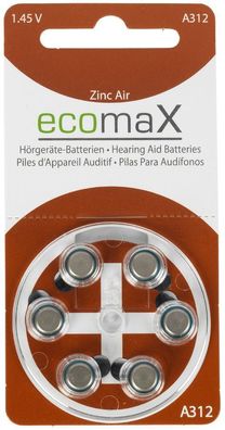 ecomaX Hörgerätebatterie Typ 312, PR41, braun, A312, Hörgeräte Batterie
