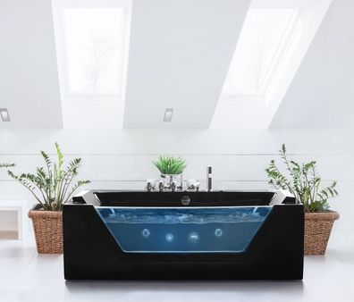 Whirlpool Badewanne schwarz mit 10 Massage Düsen LED Glas Eckwanne Luxus Spa 3 Maße