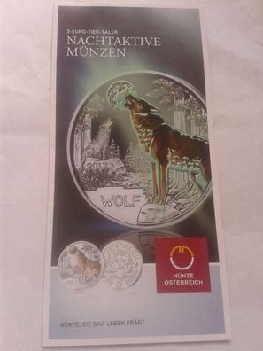 Folder für Original 3 euro 2017 Österreich Wolf Neue Serie Münze leuchtet im Dunkeln