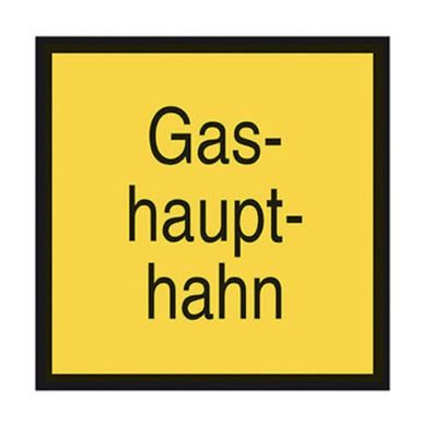 Schild Aufkleber Gashaupthahn Folie selbstklebend gelb 200x200 mm Gasleitung