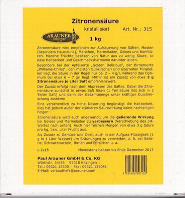 Arauner Kitzinger- Zitronensäure kristallisiert 1 Kilo