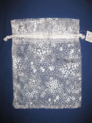 Organzabeutel - weiß mit silberfarbendem Schneeflockendruck