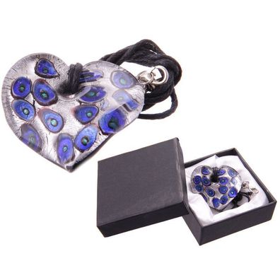 Halskette Glas Herz Anhänger blau-silber Kette Halsband Halsschmuck NEU