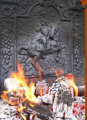 Kaminplatte Ofen Pferd mit Reiter Löwenkopf
