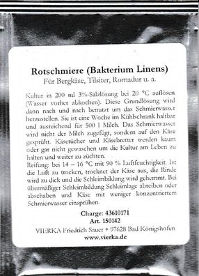 Vierka - Rotschmiere ( Bakterium Linens) Kultur für Bergkäse, Tilsiter, Romadur u.a.