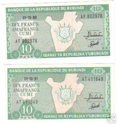 2 Banknoten Republik Burundi Afrika 1989-1991 in TOP
