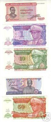 5 Banknoten Banque du Zaire Afrika 1979-1993 in TOP