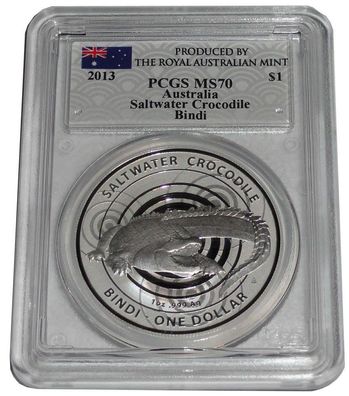 Australien 1 Oz Silber Salzwasser - Krokodil Bindi 2013 PCGS MS - 70