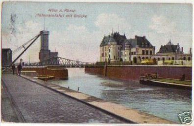 10923 Ak Köln am Rhein Hafeneinfahrt mit Brücke 1909