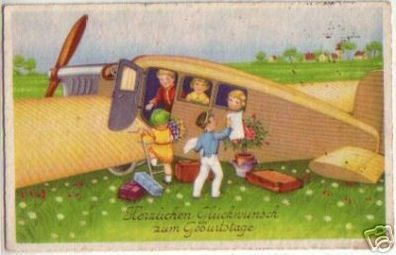 13837 Glückwunsch Ak Kinder in Flugzeug 1934