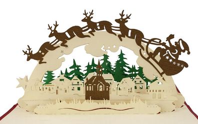 Weihnachtskarte Winterlandschaft 3D Klappkarte Weihnachtsmann mit Rentierkarte