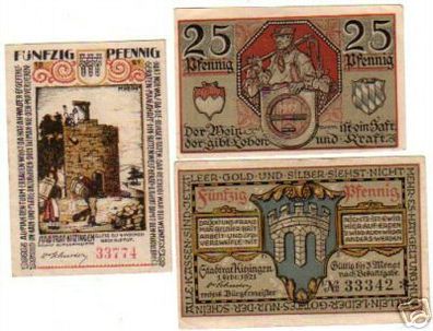 3 Banknoten Notgeld der Stadt Kitzingen 1921