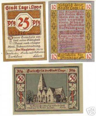 3 Banknoten Notgeld der Stadt Lage 1921