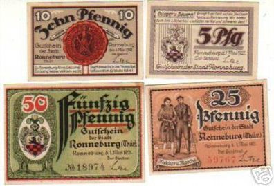 4 Banknoten Notgeld der Stadt Ronneburg 1921