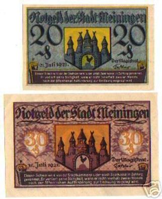 2 Banknoten Notgeld der Stadt Meiningen 1921