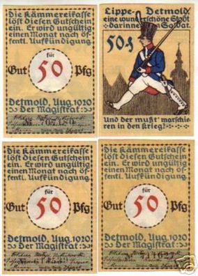 4 Banknoten Notgeld der Stadt Detmold 1920