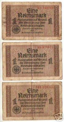 3 Banknoten 1 Reichsmark Reichskreditkassen um 1940