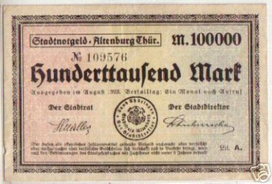 Banknote 100000 Mark Inflation Altenburg 1923