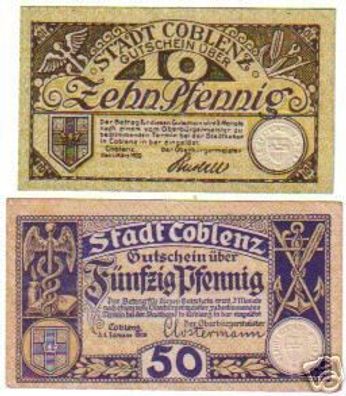 2 Banknoten Notgeld Stadt Coblenz 1919-1920