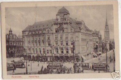 13887 Ak Hannover Hansahaus mit Straßenbahnen um 1920