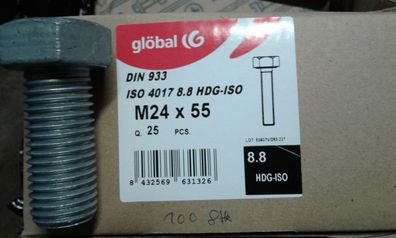 DIN 933 ISO 4017 Sechskantschrauben M 24x55 8.8 10 Stück