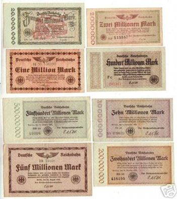 8 alte Banknoten Inflation deutsche Reichsbahn 1923