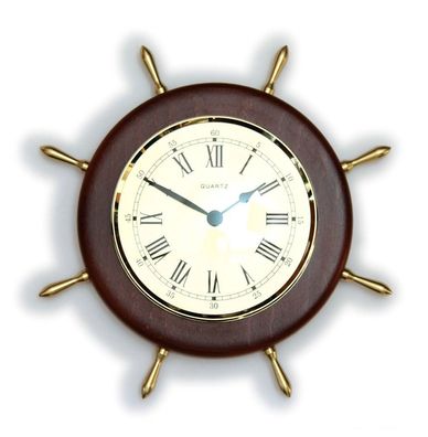 Schiffsuhr Uhr im Steuerrad auf Holzring mahagonifarben Ø 20cm