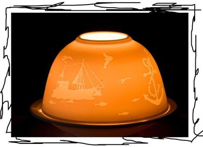 Fein Porzellan- Kuppel-Windlicht "Leuchtturm und Kutter" ca.8x8x12cm, Dome Light
