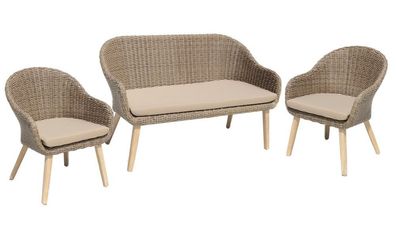 3tlg. Garten Sofa Stuhl Set + Kissen Lounge Sitzgruppe Möbel Akazie Rattan Optik